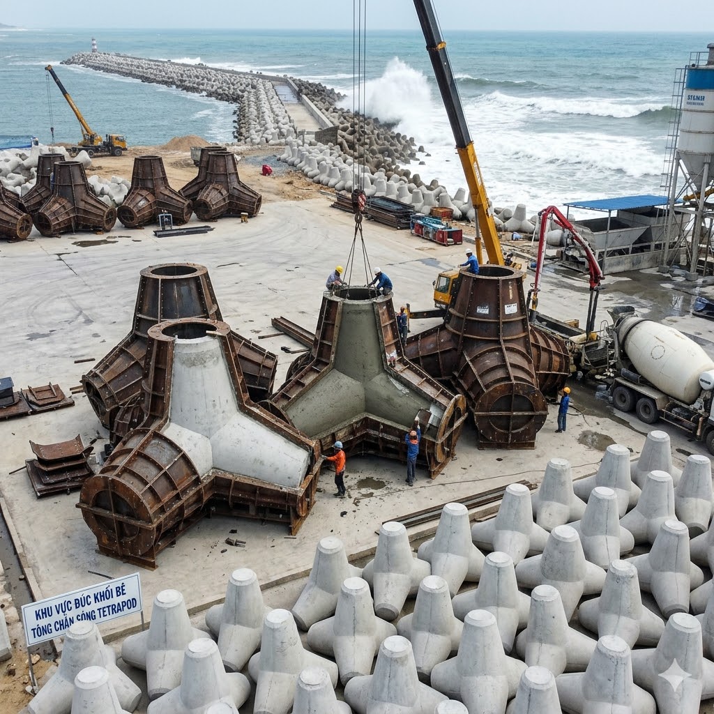 Ván Khuôn Trụ Chắn Sóng Tetrapod: Giải Pháp Đúc Khối Bê Tông Kè Biển Chuẩn Kỹ Thuật